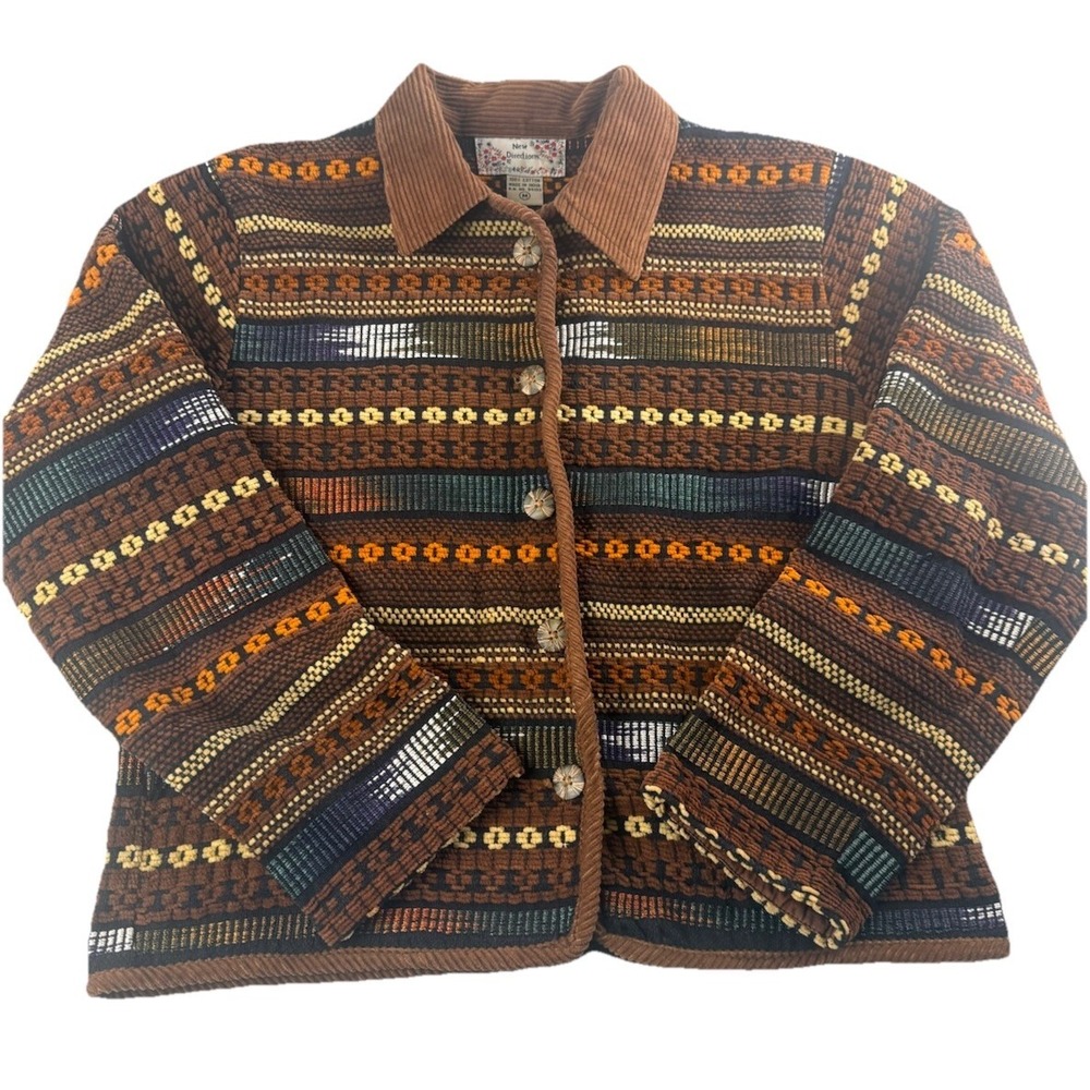 New Directions Knit Jacket Womens Medium Brown Striped Button Front Boho Cotton